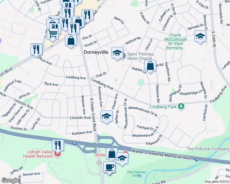 map of restaurants, bars, coffee shops, grocery stores, and more near 3102 Lindberg Avenue in Allentown