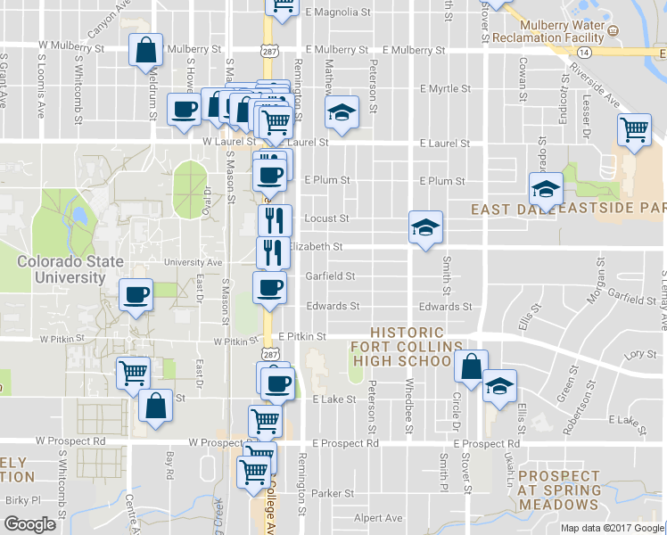 map of restaurants, bars, coffee shops, grocery stores, and more near 308 Garfield Street in Fort Collins