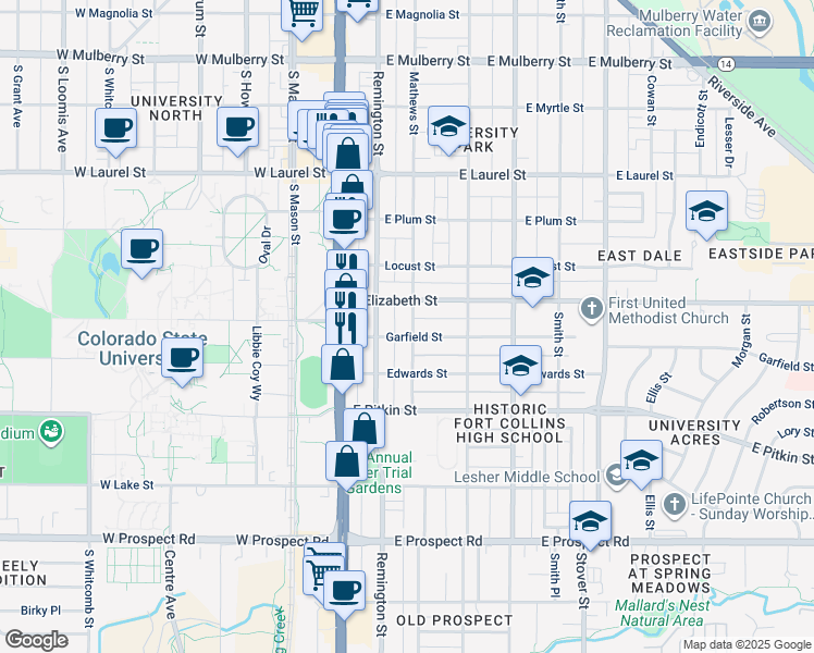 map of restaurants, bars, coffee shops, grocery stores, and more near 206 Garfield Street in Fort Collins