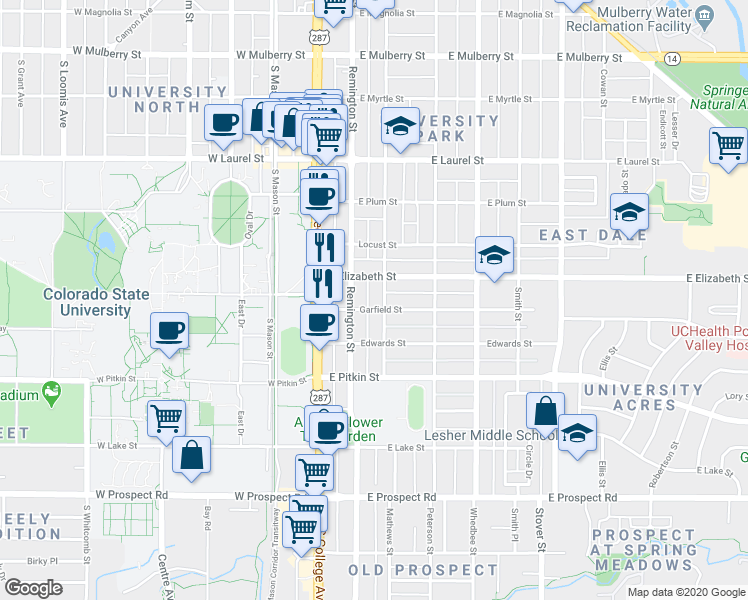 map of restaurants, bars, coffee shops, grocery stores, and more near 206 Garfield Street in Fort Collins