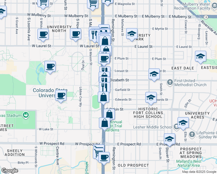 map of restaurants, bars, coffee shops, grocery stores, and more near 108 Garfield Street in Fort Collins