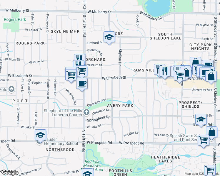 map of restaurants, bars, coffee shops, grocery stores, and more near 1018 Castlerock Drive in Fort Collins