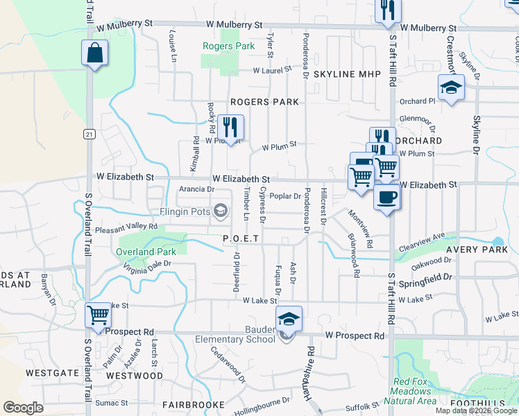 map of restaurants, bars, coffee shops, grocery stores, and more near 2436 Tamarac Drive in Fort Collins