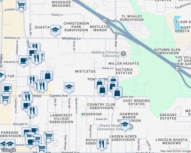 map of restaurants, bars, coffee shops, grocery stores, and more near 1603 El Dorado Way in Redding