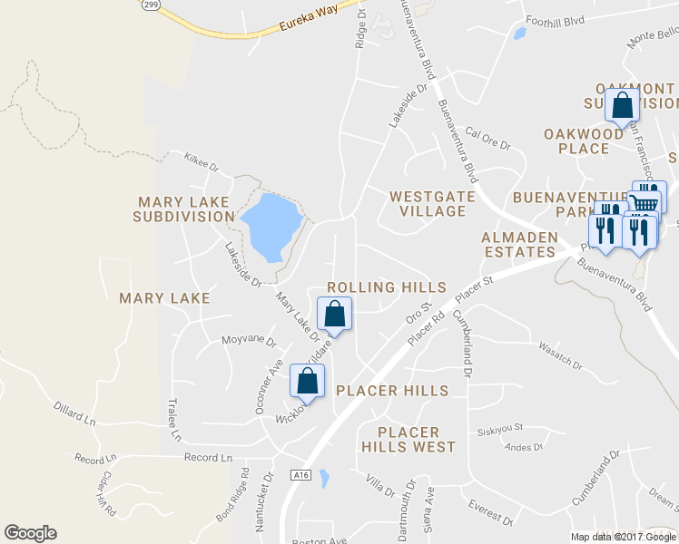 map of restaurants, bars, coffee shops, grocery stores, and more near 1683 Kildare Drive in Redding