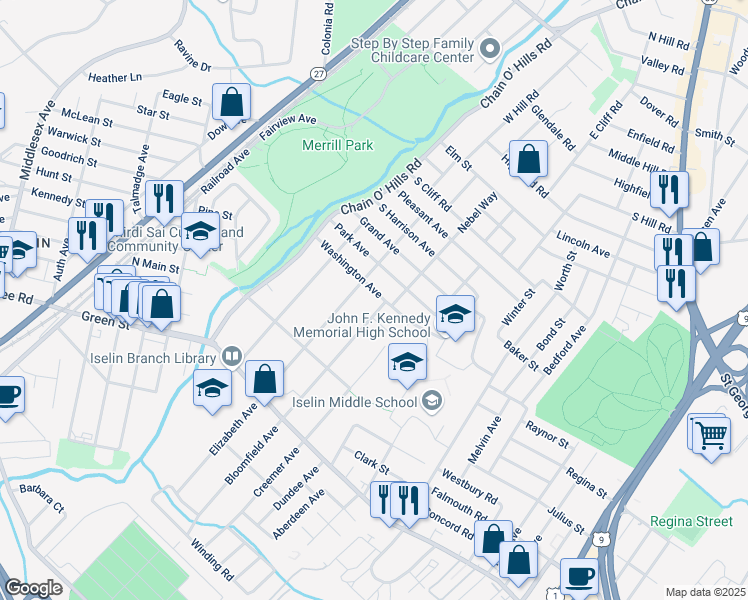 map of restaurants, bars, coffee shops, grocery stores, and more near 90 Washington Avenue in Woodbridge Township