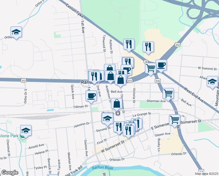 map of restaurants, bars, coffee shops, grocery stores, and more near 106 Anderson Street in Raritan