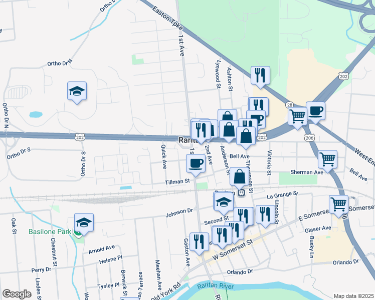 map of restaurants, bars, coffee shops, grocery stores, and more near in Raritan