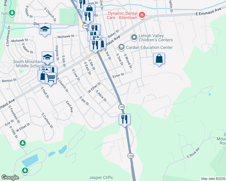 map of restaurants, bars, coffee shops, grocery stores, and more near 320-328 West Mountain Road in Allentown