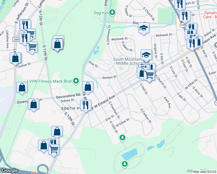map of restaurants, bars, coffee shops, grocery stores, and more near 2215 South 9th Street in Allentown