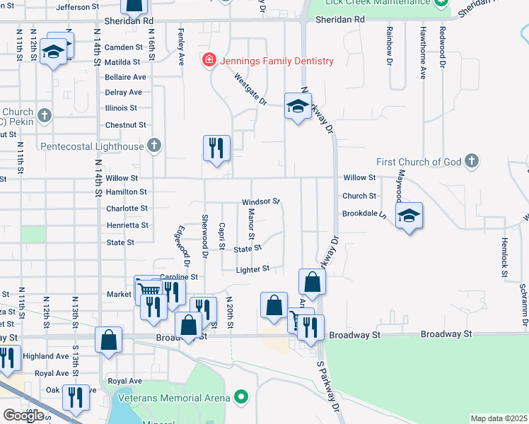 map of restaurants, bars, coffee shops, grocery stores, and more near 414 Manor Street in Pekin