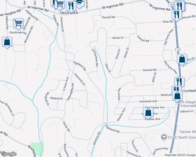 map of restaurants, bars, coffee shops, grocery stores, and more near 9277 North Florence Road in Pittsburgh