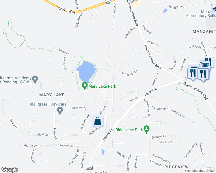 map of restaurants, bars, coffee shops, grocery stores, and more near 1683 Kildare Drive in Redding