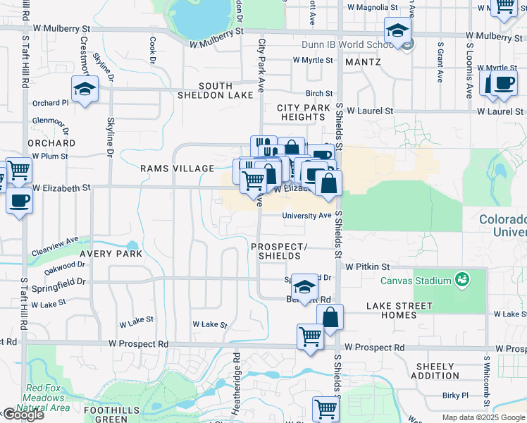 map of restaurants, bars, coffee shops, grocery stores, and more near 1324 University Avenue in Fort Collins