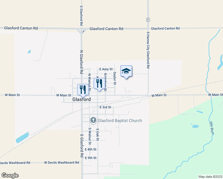map of restaurants, bars, coffee shops, grocery stores, and more near 413 East Essex Street in Glasford