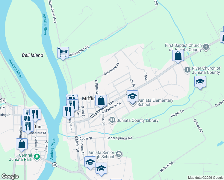 map of restaurants, bars, coffee shops, grocery stores, and more near 58 T384 in Mifflintown