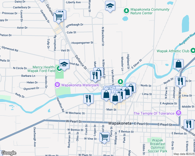 map of restaurants, bars, coffee shops, grocery stores, and more near 301 Defiance Street in Wapakoneta