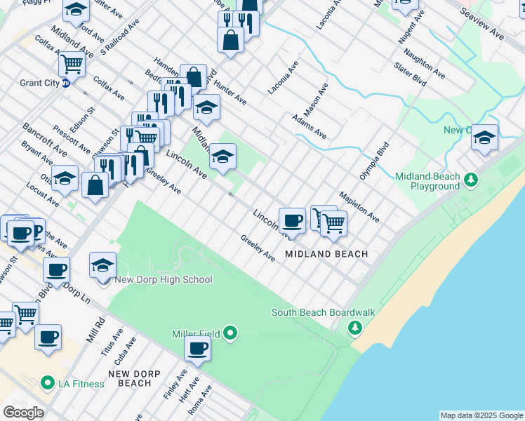 map of restaurants, bars, coffee shops, grocery stores, and more near 233 Kiswick Street in Staten Island