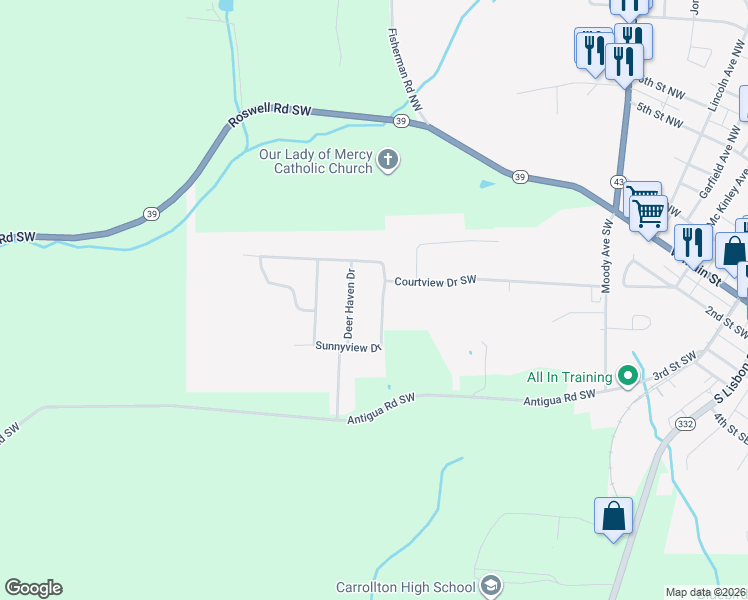 map of restaurants, bars, coffee shops, grocery stores, and more near 347 Foxbury Drive Southwest in Carrollton