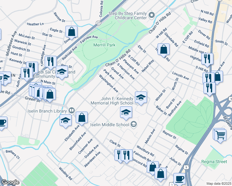 map of restaurants, bars, coffee shops, grocery stores, and more near 90 Washington Avenue in Woodbridge Township
