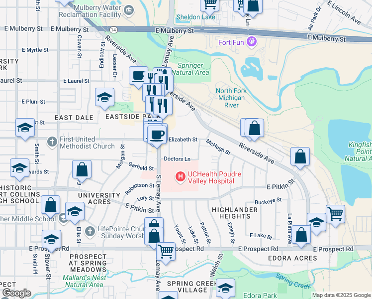 map of restaurants, bars, coffee shops, grocery stores, and more near 1020 Luke Street in Fort Collins