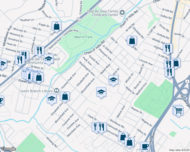map of restaurants, bars, coffee shops, grocery stores, and more near Washington Avenue in Woodbridge Township