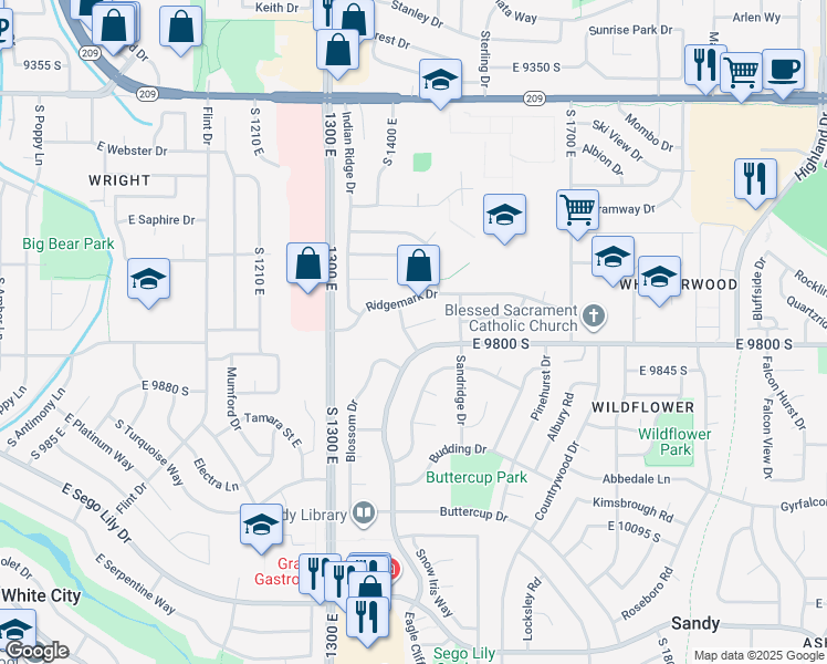 map of restaurants, bars, coffee shops, grocery stores, and more near 1422 Winterwood Circle in Sandy