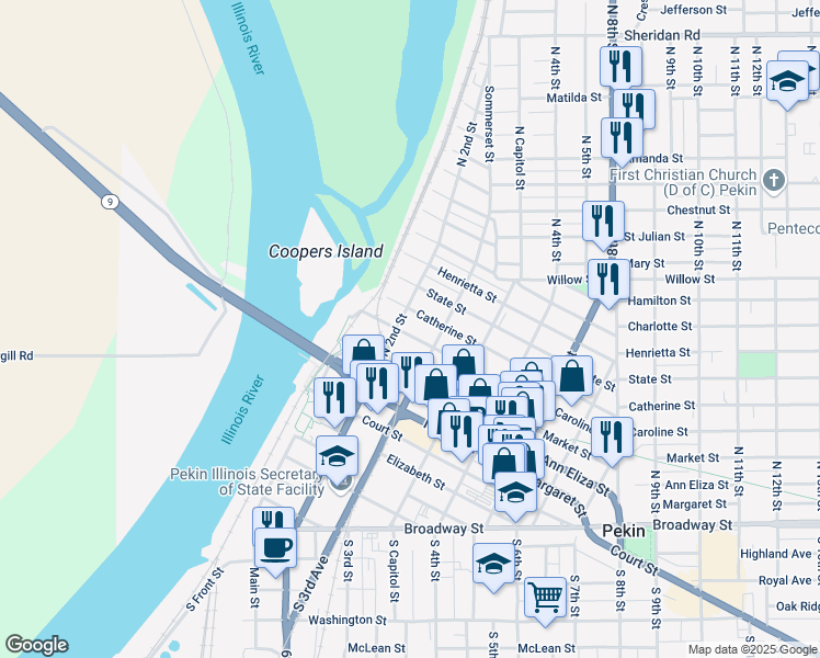 map of restaurants, bars, coffee shops, grocery stores, and more near 209 Caroline Street in Pekin