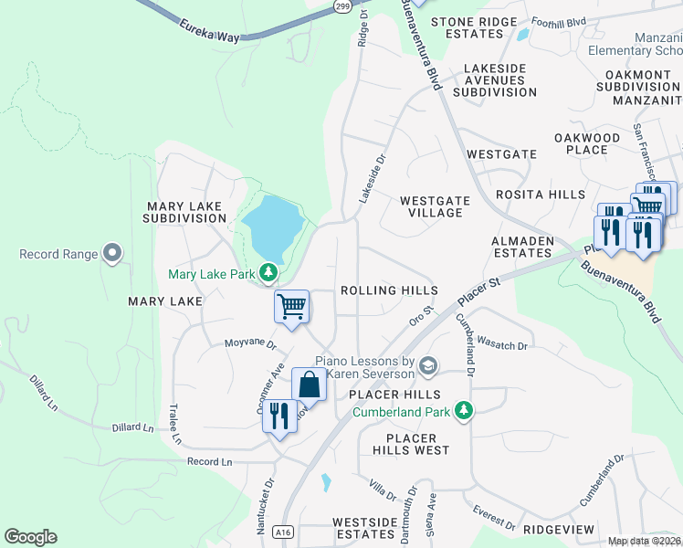 map of restaurants, bars, coffee shops, grocery stores, and more near 1683 Kildare Drive in Redding