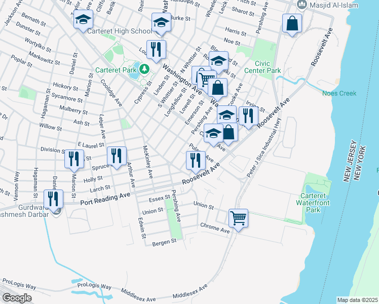 map of restaurants, bars, coffee shops, grocery stores, and more near 31 Atlantic Street in Carteret