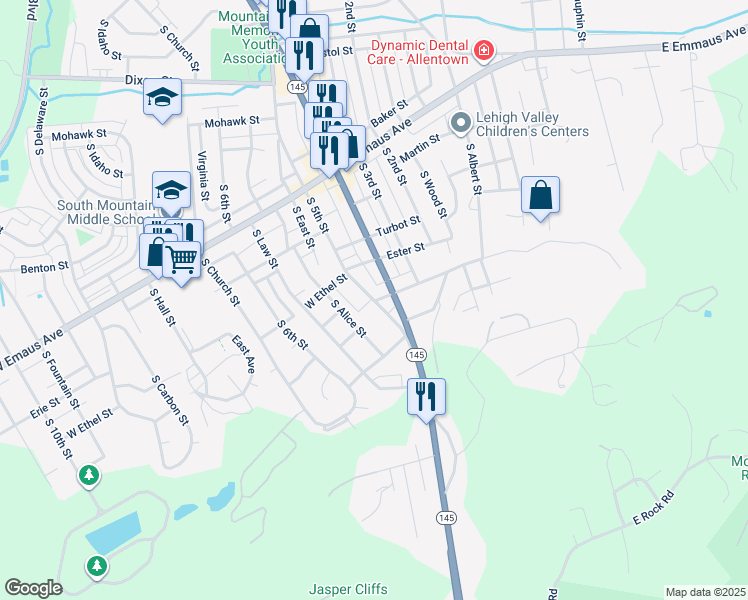 map of restaurants, bars, coffee shops, grocery stores, and more near 2487 South 5th Street in Allentown