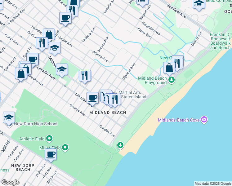 map of restaurants, bars, coffee shops, grocery stores, and more near 1033 Olympia Boulevard in Staten Island