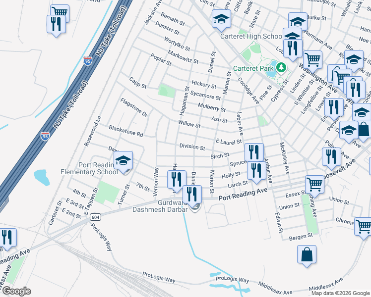 map of restaurants, bars, coffee shops, grocery stores, and more near 54 Division Street in Woodbridge Township