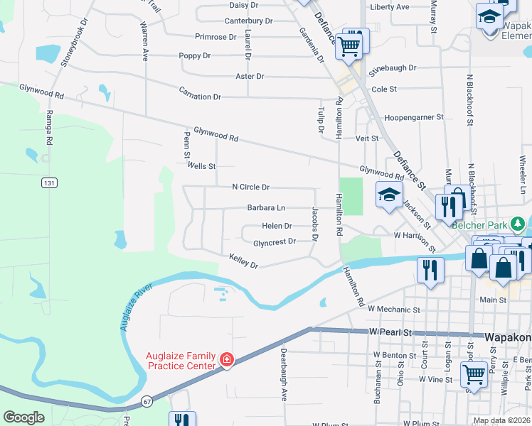 map of restaurants, bars, coffee shops, grocery stores, and more near 819 Barbara Ln in Wapakoneta