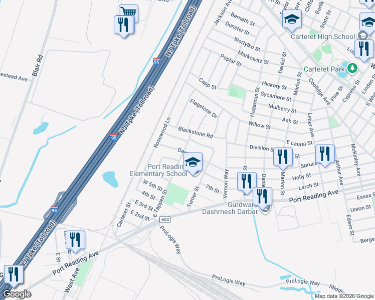 map of restaurants, bars, coffee shops, grocery stores, and more near 41 Dawn Drive in Woodbridge Township