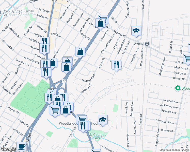 map of restaurants, bars, coffee shops, grocery stores, and more near 428 Hudson Boulevard in Woodbridge Township