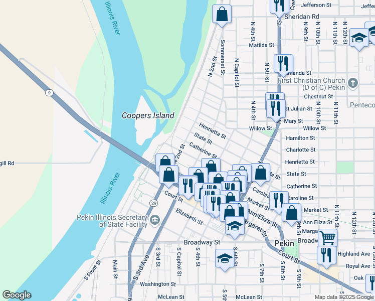 map of restaurants, bars, coffee shops, grocery stores, and more near 209 Caroline Street in Pekin