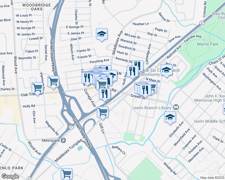map of restaurants, bars, coffee shops, grocery stores, and more near 30 Vernam Street in Woodbridge Township
