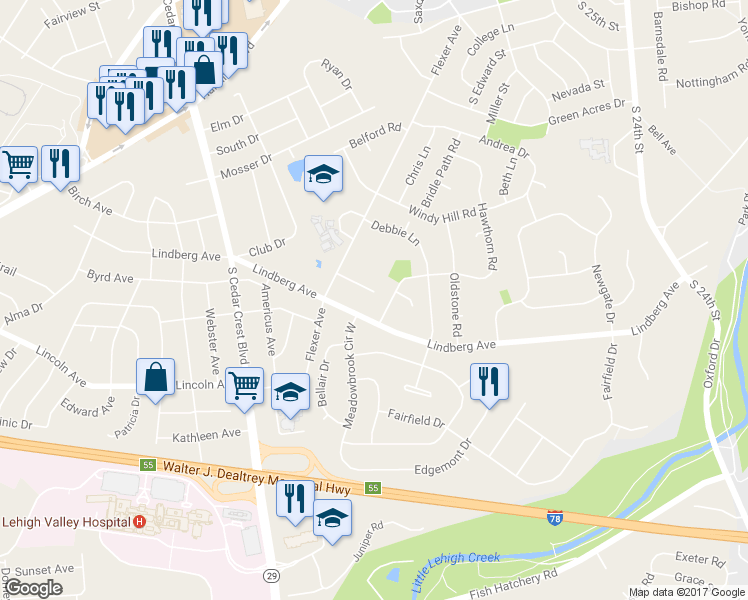 map of restaurants, bars, coffee shops, grocery stores, and more near 3036 Cedar Lane in Allentown