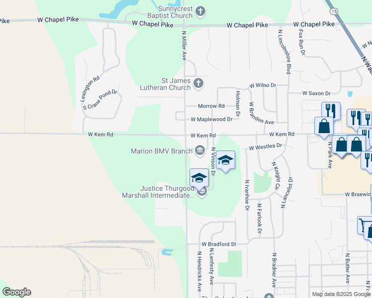 map of restaurants, bars, coffee shops, grocery stores, and more near 2199 Clayton Court in Marion