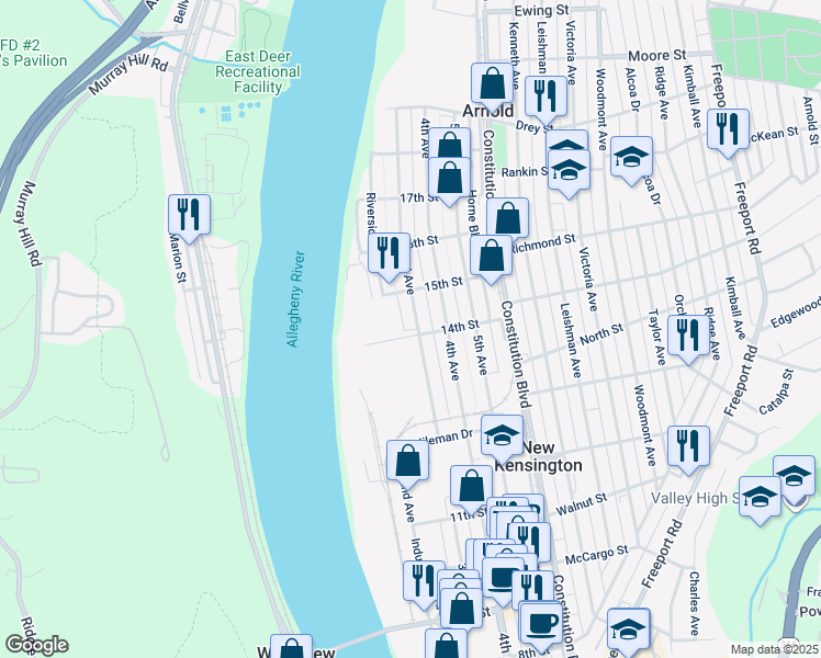 map of restaurants, bars, coffee shops, grocery stores, and more near 1405 3rd Avenue in New Kensington