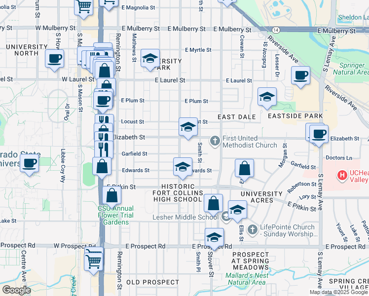 map of restaurants, bars, coffee shops, grocery stores, and more near 430 Garfield Street in Fort Collins