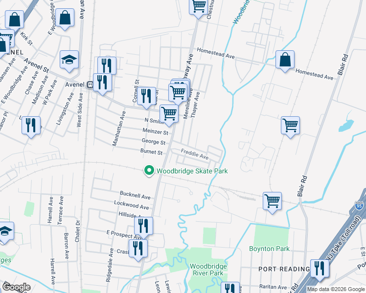 map of restaurants, bars, coffee shops, grocery stores, and more near 14 East Coddington Avenue in Woodbridge Township
