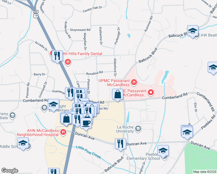 map of restaurants, bars, coffee shops, grocery stores, and more near 9173 Foxhunt Road in Pittsburgh