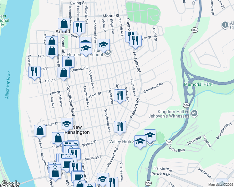 map of restaurants, bars, coffee shops, grocery stores, and more near 1345 Orchard Avenue in New Kensington