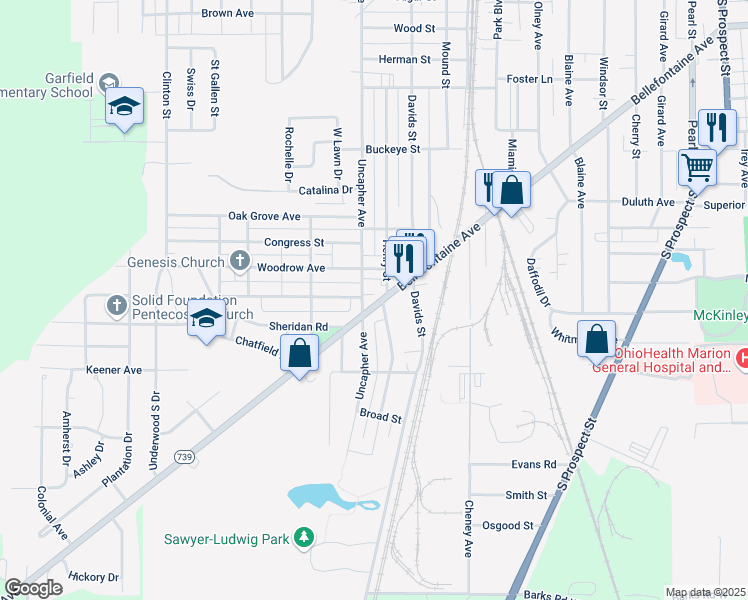 map of restaurants, bars, coffee shops, grocery stores, and more near 868 Bellefontaine Ave in Marion