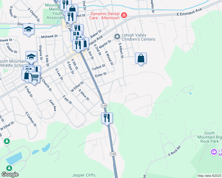 map of restaurants, bars, coffee shops, grocery stores, and more near 2675 Sell Street in Allentown