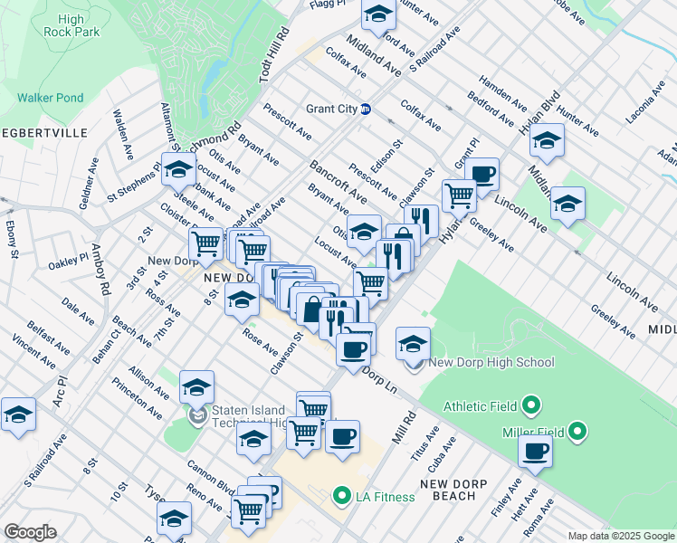map of restaurants, bars, coffee shops, grocery stores, and more near 257 Burbank Avenue in Staten Island