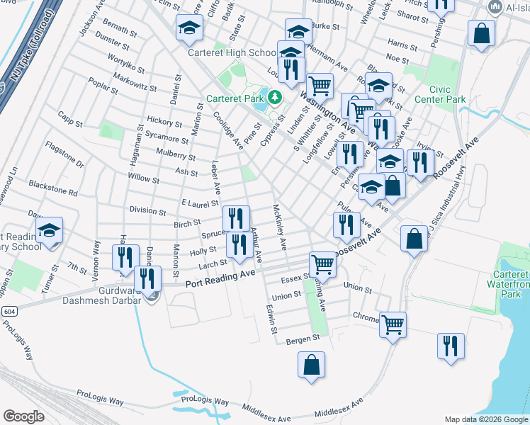 map of restaurants, bars, coffee shops, grocery stores, and more near 13 Birch Street in Carteret