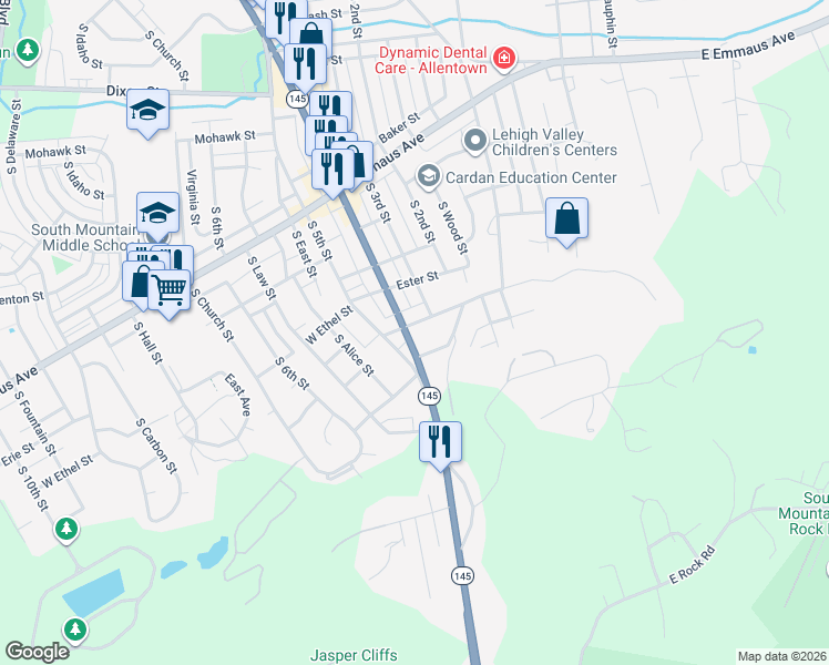 map of restaurants, bars, coffee shops, grocery stores, and more near 320-328 West Mountain Road in Allentown